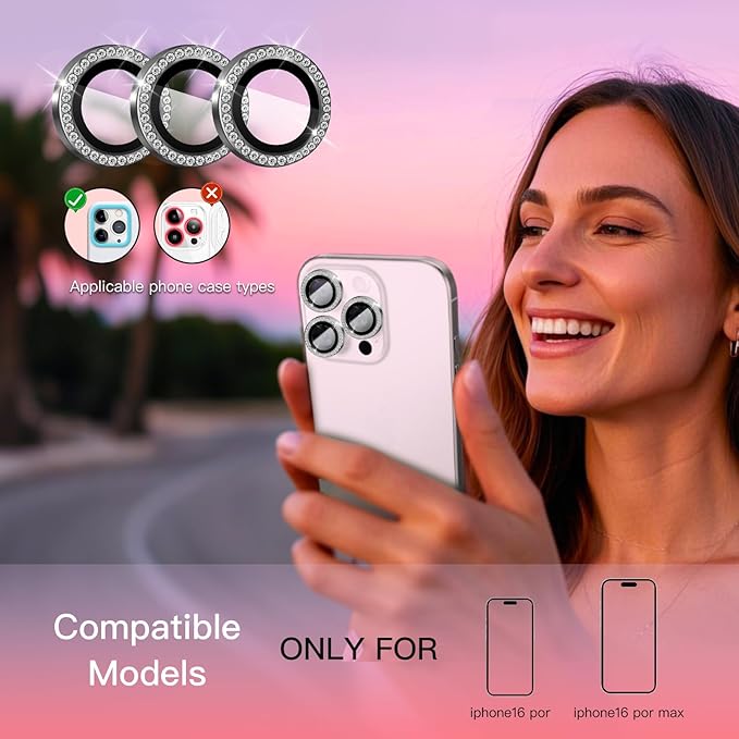 Camera Lens Protector Bling Compatible for iPhone 16 Pro/iPhone 16 Pro Max,9H Tempered Glass Camera Cover Screen Protector,HD Clear,Aluminum Alloy Ring Decoration (Diamond Black)