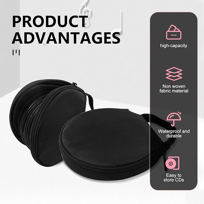 Car CD Case, 20 Capacity Oxford Cloth CD Protective Holder with Transparent Film Divider, Waterproof Portable Round Disc Case with Reinforced Handle, Universal DVD Organizer Wallet (Black)