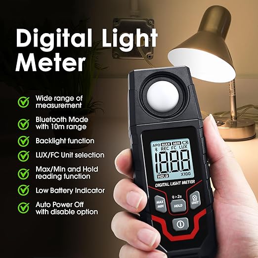 JuviPerpric Light Meter Digital Illuminance Meter, 0.1~200,000 Lux Range Bluetooth Lux Meter with Data Logging and Export, Handheld Light Meter for Plants, Photography and Garden