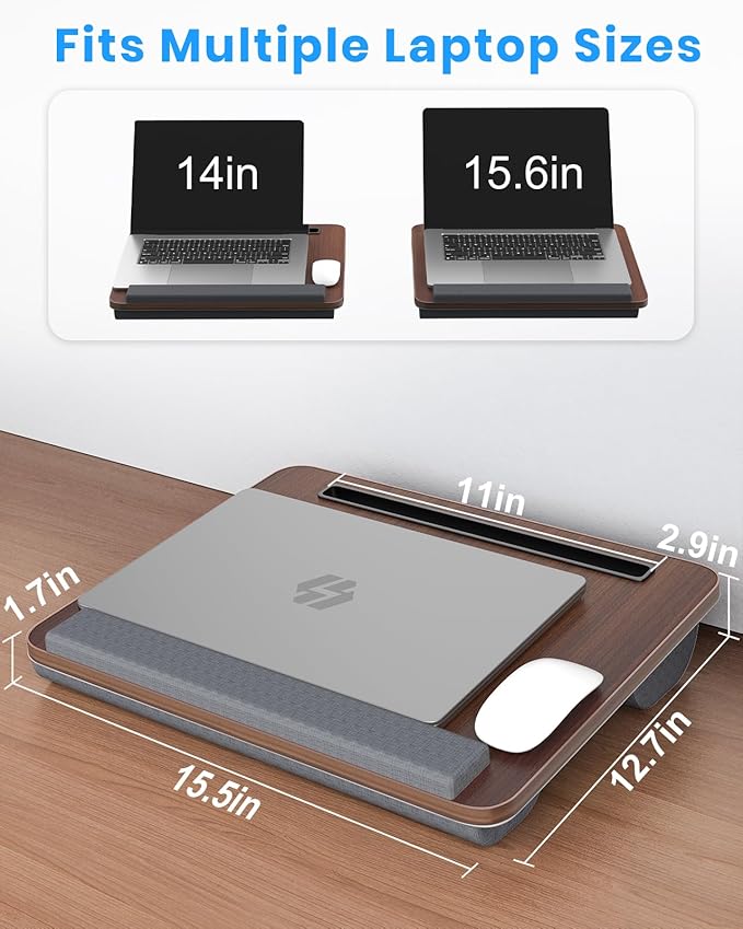 Portable Lap Desk, Laptop Stand for Bed with Soft Wrist Rest, Tablet/Phone Slot, Fabric Handle, Laptop Bed Table with Cushion (Dark Brown)