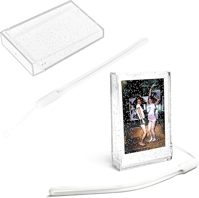 2 Pack Travel Photo Holder for Fujifilm Instax Mini 7+/8/9/11/12/40/90/EVO, 3 inch Photo Storage Case, Camera Clear Photo Protective Box with Wrist Lanyard (Clear glitter)