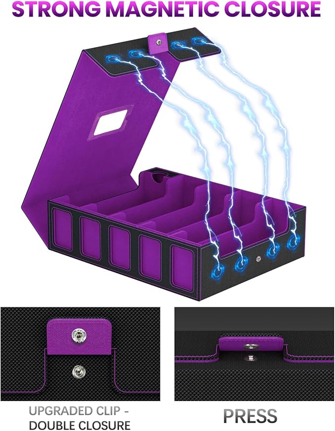 Trading Card Storage Box, 5 Row Card Deck Case with Commander Display & Portable Handle, 4200+ Card Deck Boxes Compatible for MTG TCG Magic Cards, 30 Divider, 8 Supporters, 1 Dice Tray(Black & Purple)