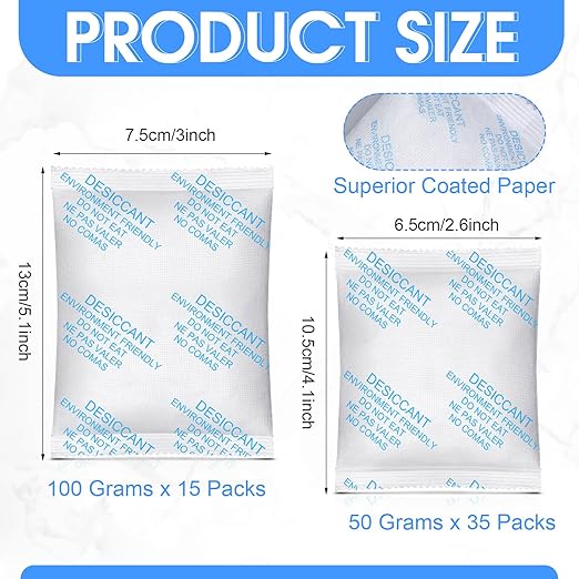 50 Pack 100 Gram 50 Gram Rechargeable Silica Gel Packets Desiccant Packs for Storage Food Safe Moisture Absorber Packs for Spices Jewelry Clothes Shoes Electronics Seeds Safes, Etc