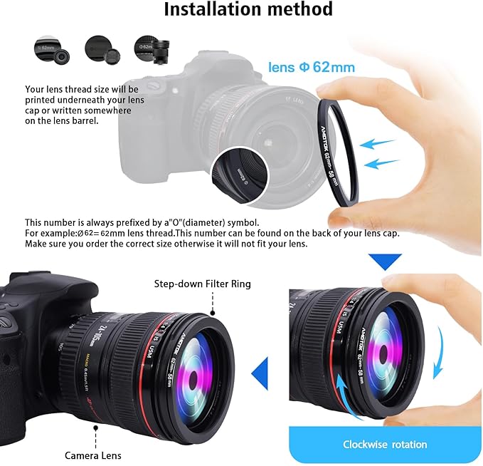 62mm Lens to 58mm Camera Lens Adapter,62mm to 58mm Filter Step up Ring Adapter Ring,Compatible All 58mm Filter Accessory
