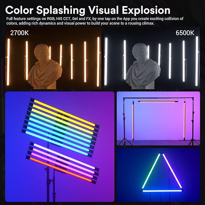 Godox TL120 RGB Tube Light 4 Packs, 2700K-6500K Rechargeable Dimmable Full Color LED Video Light Stick 4-Lights, CRI 96+, TLCI 98+ with Built-in 5200mAh Battery and APP DMX Control