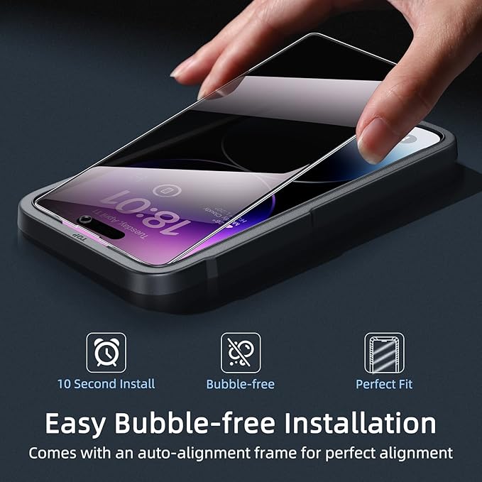 ruwa Privacy Screen Protector for iPhone 14 Pro [2-Pack][6.1 Inch] Display Tempered Glass Film with Easy Installation Frame, Ultra HD, 9H Hardness, Scratch Resistant, Case Friendly, Full Coverage