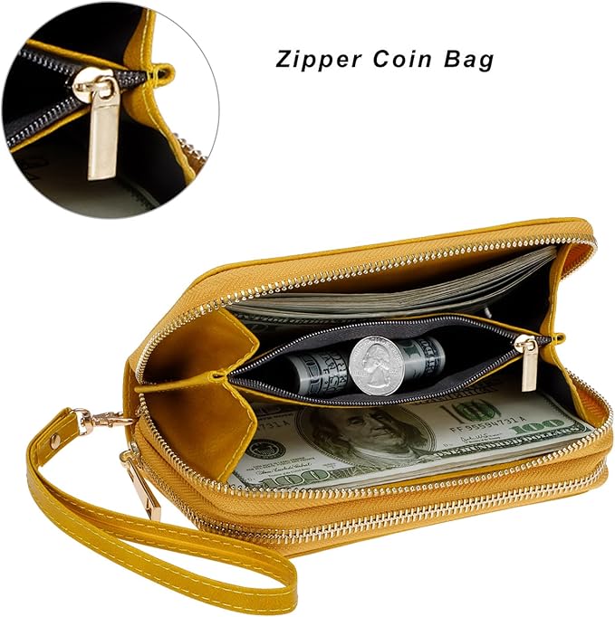 Cellphone Wallet for Women Dual Zipper Long Purse with Removable Wristlet