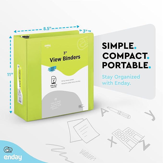 Enday 3 inch Binder (12 Pack - Assorted Colors) 3 Ring Binder 3 inch with Clear View Cover and 2 Inside Pocket - for Letter Size 8.5 x 11'' Paper, Ideal for School Supplies, Office, and Home