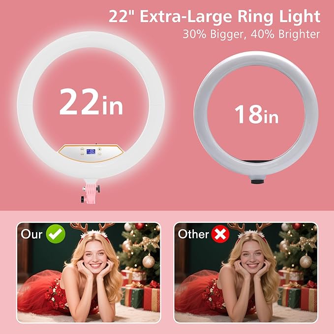 22" Large Ring Light with Stand,Foldable LED Big Ring Light Tripod for iPhone Phone Ipad, 75" Tall Tripod Touch Screen,Wireless Remote for Live Stream,YouTube,TikTok Video Shooting Pink
