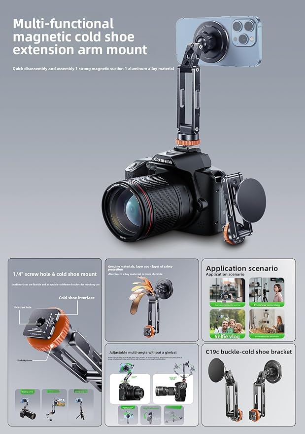 Magnetic Phone Holder with Cold Shoe Mount, Quick-Release Clamp Extension Rod, 1/4" Screw for Camera Field Monitor, Vlogging and Filmmaking Video Rig