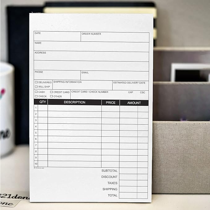 321Done Blank Sales Form Pad, 5.5x8.5 Small 2-Part Carbonless, Made in USA, Carbon Copy Generic Receipt Purchase Order Notebook for Small Business (50 Sets) White/Yellow, Heavyweight Paper