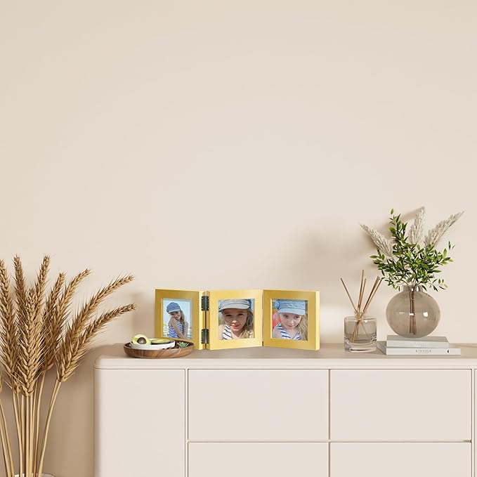 decorUhome Triple 4x4 Picture Frame Vertical, Engineered Wood Trifold Photo Frame with Plexiglass for Tabletop Display, 4x4, Gold