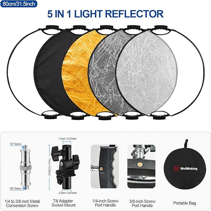 WELLMAKING 32 Inch (80cm) Reflector Photography, Collapsible Light Reflector with Bag & tilt Adapter, 5 in 1 Handle Reflector for Studio & Outdoor Lighting -Translucent, Silver, Gold, White and Black