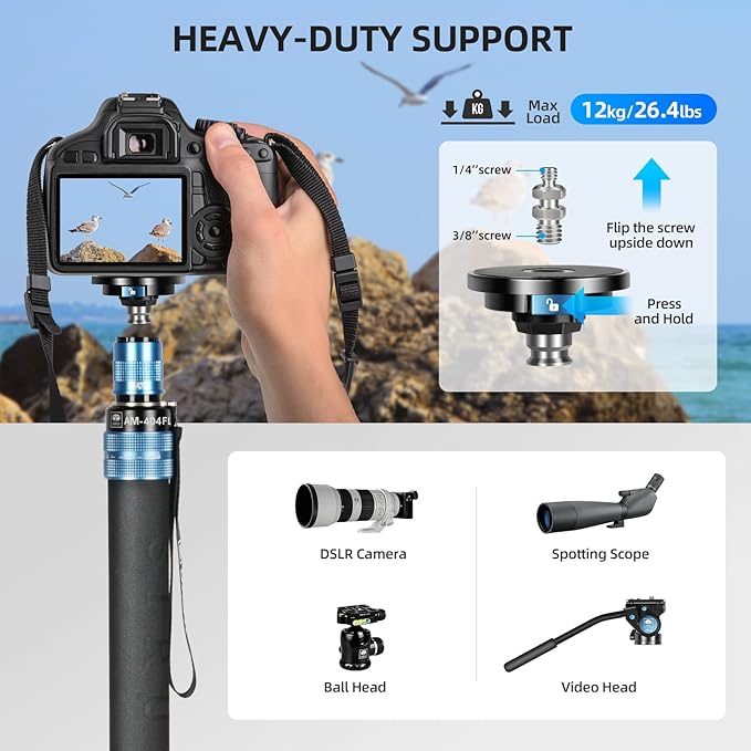 SIRUI AM-404FL Camera Monopod with Feet, 74.8 Inch Aluminum Video Monopod with Removable Base, Slim and Lightweight, Max Load 26.4lbs, 360°Panorama Panning, 4-Section for Canon Nikon Sony