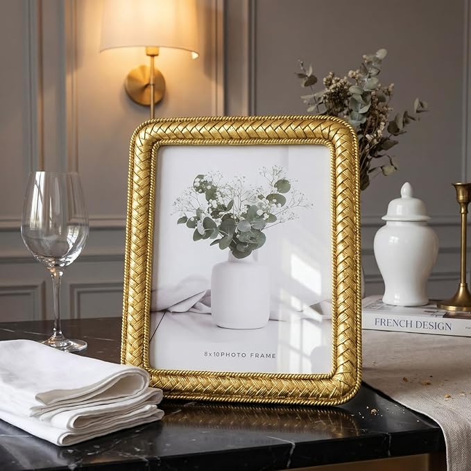 8x10 Gold Picture Frame, Ornate Resin Photo Frame with Glass Front, Decorative Rattan Design Gold Frames for Tabletop Display & Wall Hanging, Vintage Elegant Home Decor for Living Room, Bedroom