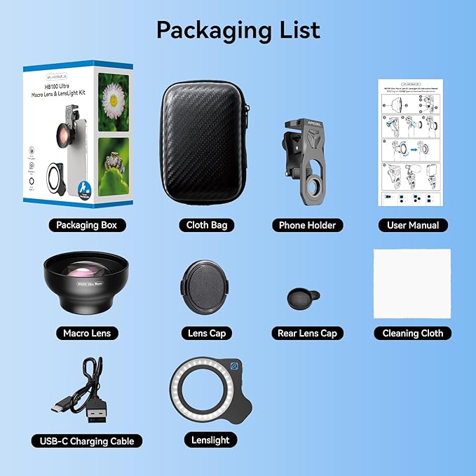 Upgraded Professional Macro Lens for Smartphone with Ring Light, HB100U Macro Photography Lens, Aluminum Phone Camera Lens Kit with Universal Clip. Phone Lens Attachment Fit for iPhone/Android Phone