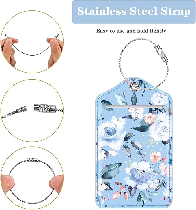 (Set of 2) Luggage Tag Leather Privacy Cover ID Label Address Card with Stainless Steel Loop, Travel Bag Tags Suitcase Labels, Blue Flower