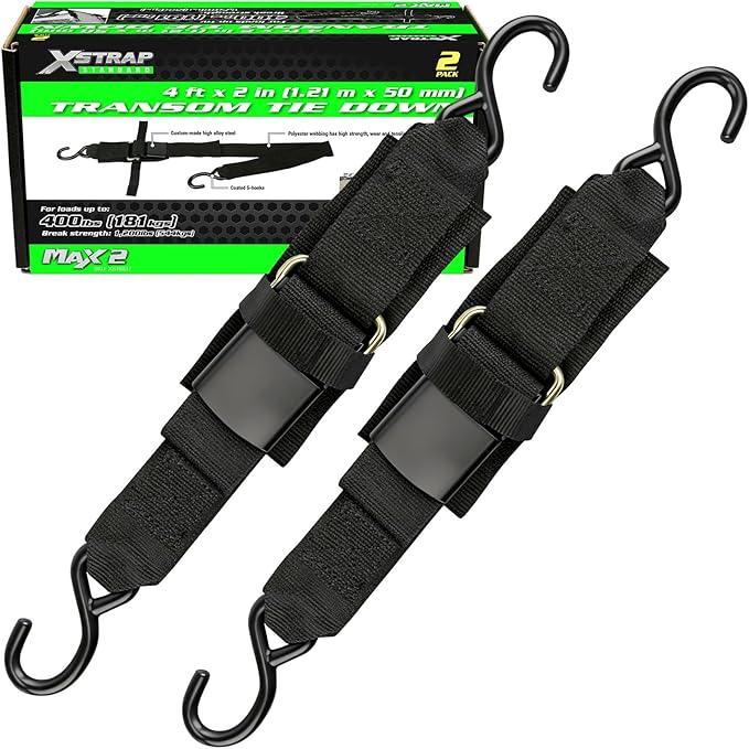 XSTRAP STANDARD 2PK 2''x 4' Adjustable Tie-Down Wide Webbing Rated Capacity: 1200 lb Moving Straps Tie Downs Marine Boat Strap Trailer with Hooks Prevent Corrosion Yet Easy