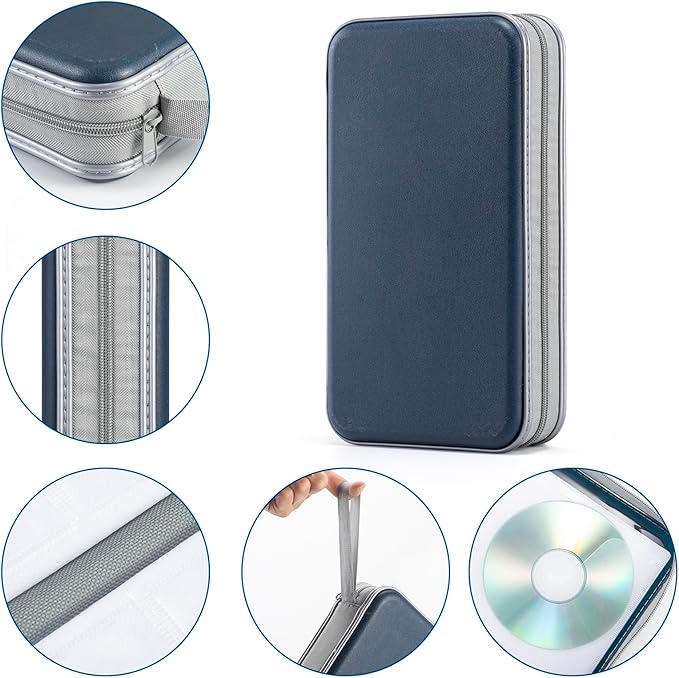 UENTIP 96 Capacity CD Case,Portable DVD Hard Plastic Case Holder CD Organizer Wallet Protective DVD Storage (dark blue, 96)