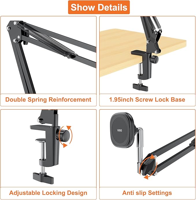 VRIG Overhead Phone Mount Stand with Magsafe, Articulating Arm Cell Phone Holder for Desk, Cell Phone Holder for Live Streams, Zoom Calls, Online Teaching, Selfies, Remote Working