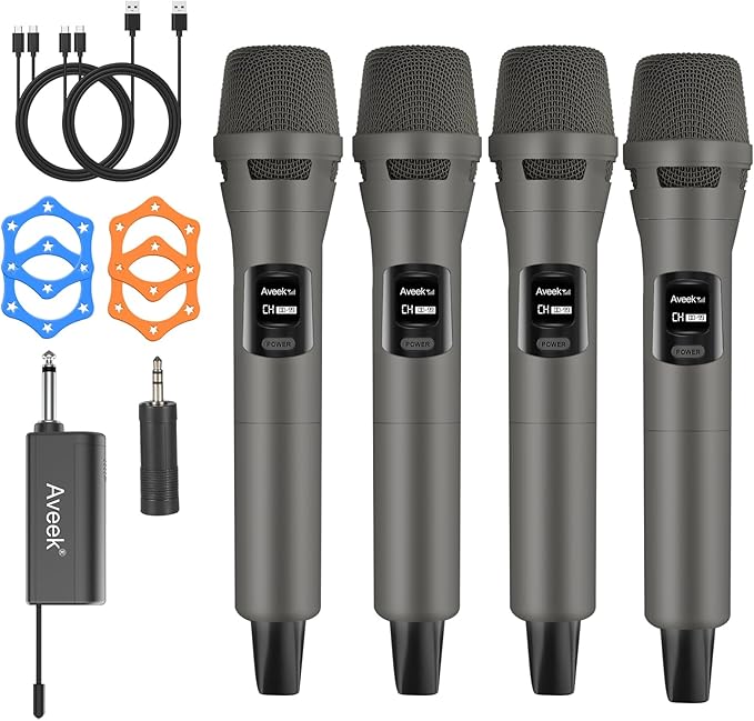 Aveek 4 Packs Wireless Microphone System, Plug & Play Karaoke Microphone Set for Singing, Parties, Church, Weddings, Events, Compatible with Speaker & Amplifier