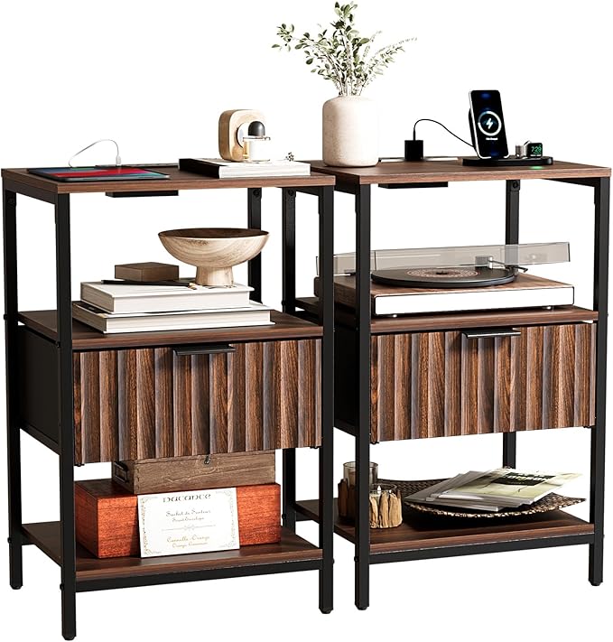 Bonnlo Fluted Nightstand Set of 2, End Table with Fabric Drawer with Charging Station, Night Stand with Storage Shelf & Handle, Fluted Side Table for Bedroom/Living Room,Walunt