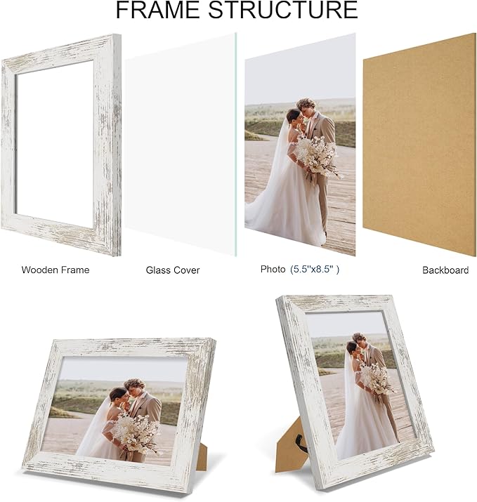 5.5 x 8.5 Diploma Frame Set of 4, Made of Real Glass and Distressed White Frame, 5.5 by 8.5 Photo for Wall or Tabletop