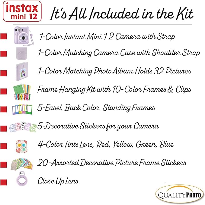 Fujifilm Instax Mini 12 Instant Camera with Case, Decoration Stickers, Frames, Photo Album and More Accessory kit (Lilac Purple)…