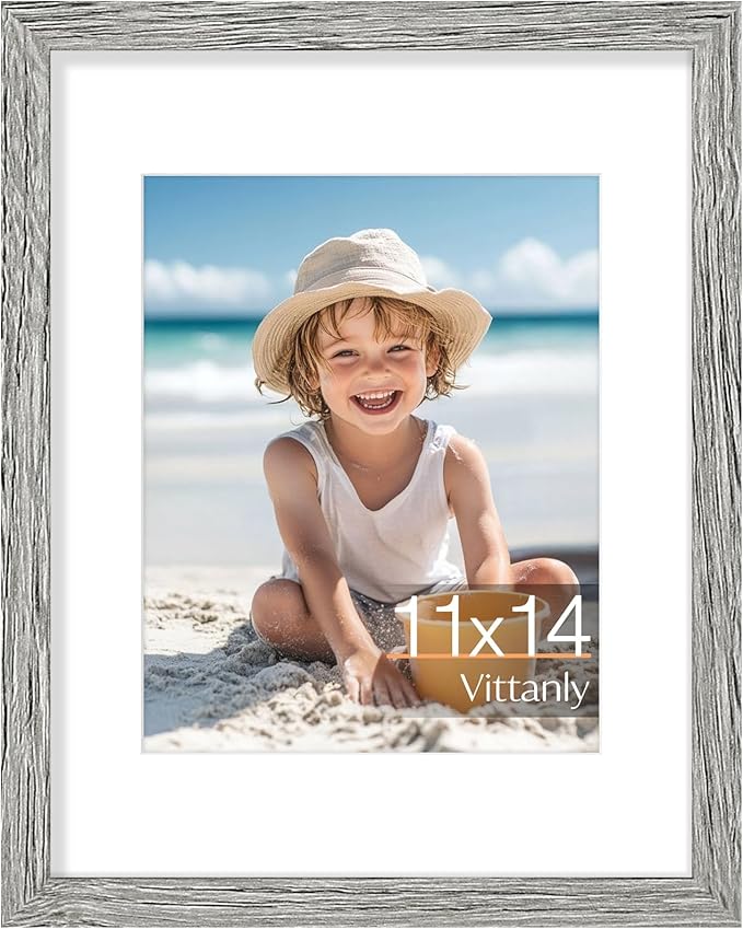 Vittanly 11x14 Picture Frame, Made of Solid Wood and Shatterproof Plexiglass, Display Pictures 8x10 with Mat or 8x10 without Mat, Wooden Photo Frame for Wall Mounting or Tabletop, Grey, 1 Pack