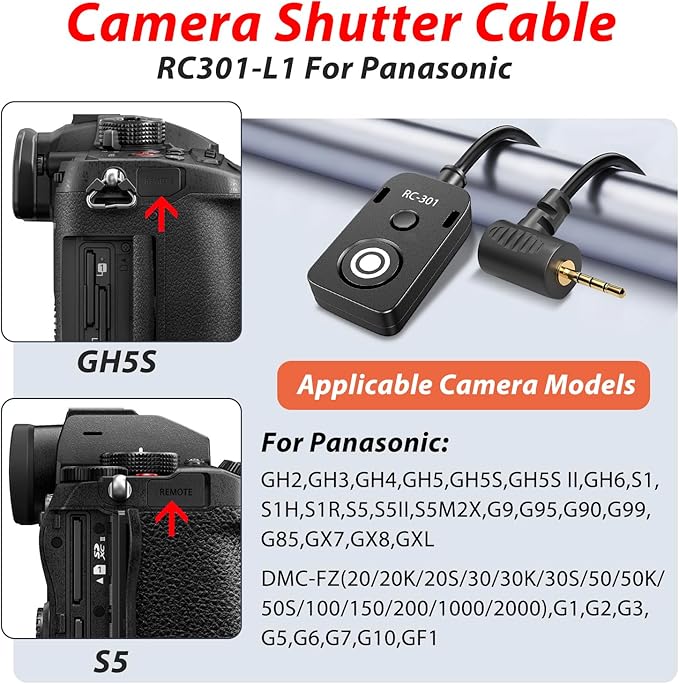 RC301-L1 for Panasonic Remote Camera Small Shutter Release Remote Control 196.8 "Extended Cable Remote Wired Button GH3 GH4 GH5 GH6 S5 S5II G85 G9 GXL S1R -114(RC301-L1 GH 196.8in/5m)