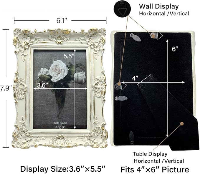 CISOO 4x6 Vintage Picture Frame, Antique Ornate White with Gold Photo Frame, for Table Top and Wall Display, Decorative Floral Design Retro Home Decor, Photo Gallery Art