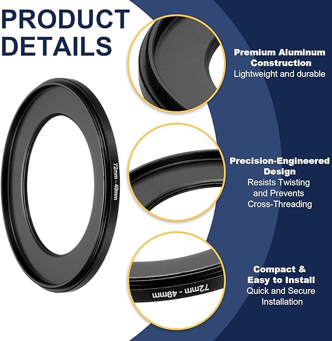 PATIKIL Step Down Ring Adapter 72mm to 49mm, Filter Step-Down Rings Camera Lens Filters Metal Ring Digital for ND IR DSLR Lenses, Black