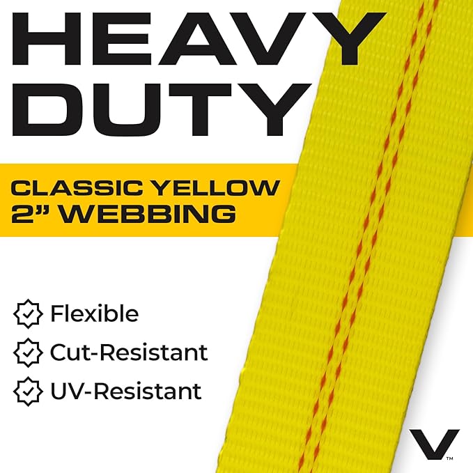 VULCAN Car Tie Down with Chain Anchors - Lasso Style - 2 Inch x 96 Inch - 4 Pack - Classic Yellow - 3,300 Pound Safe Working Load