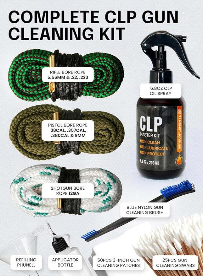 Gun Cleaning Oil Kit 3-in-1 Cleans, Lubes, Protects - 6.8 Oz Sprayer Gun Oil Cleaner and Lubricant, Needle Oiler, Cleaning Patches, Cleaning Swabs and Brush - Gun Oil and Cleaning Kit