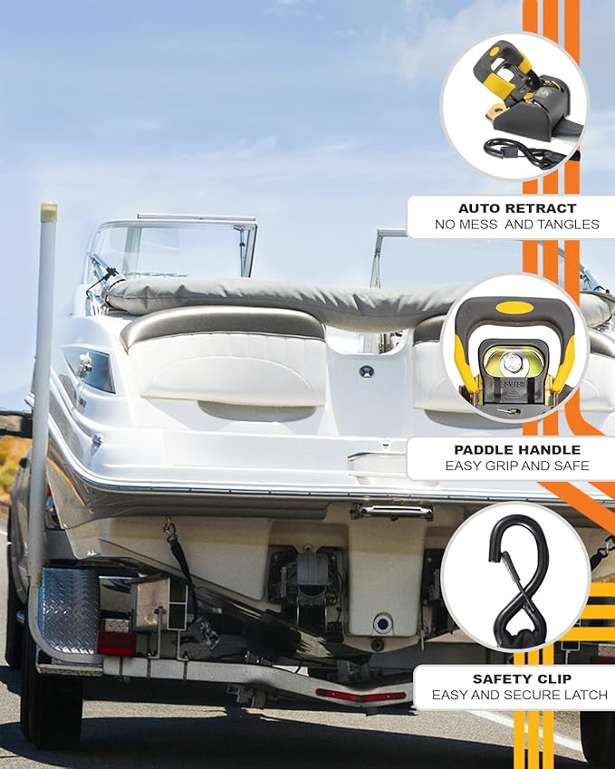 Strapinno 2PCS Retractable Ratchet Straps (1 7/8 in x 4 ft) Heavy Duty Transom Tie Downs with Extension Straps, Bolt Set & Safety Latch S-Hooks,for Boat,ATV, Trailers, Break Strength 3,000LBS/1,360KG