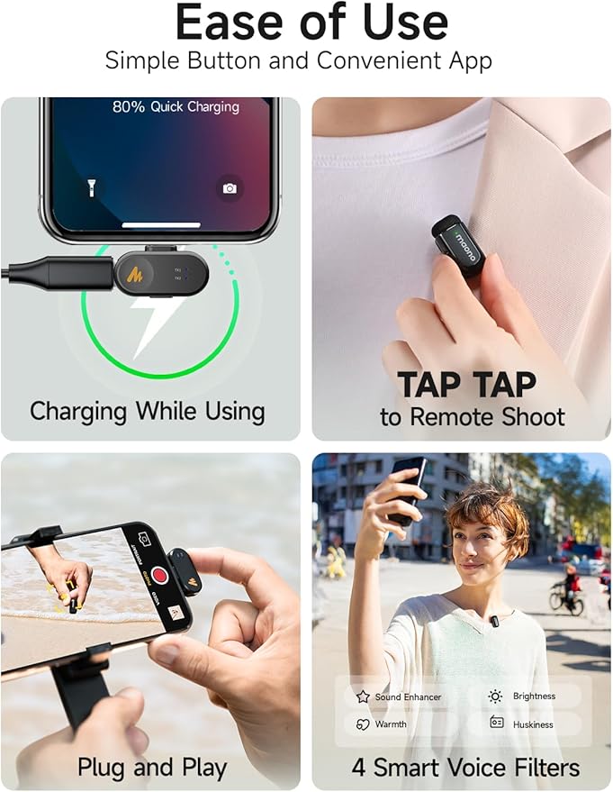 MAONO Wave T1 Mini Wireless Lavalier Microphone for iPhone 17 16 15, Android, Tablet, PC, Clip on Lapel Mic with USB-C Plug, Noise Cancellation, AI Voice Filter for Video Recording Vlog TikTok YouTube