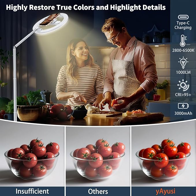 yAyusi 68.5" Overhead Phone Mount with Ring Light for iPhone, 3000mAh 360° Rotation Foldable Rechargeable Ring Light Phone Holder for Video Recording, Live Streaming, Artistic Creation, TikTok,YouTube