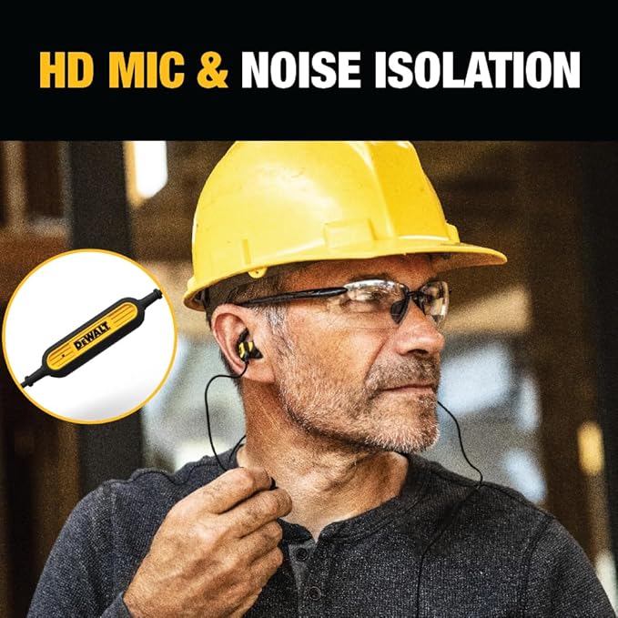 DEWALT Heavy Duty Wired Earphones with Microphone, Jobsite Earbuds Wired 3.5mm, Water-Resistant 3.5mm Earbuds with Mic, Connected Headphones for Outdoor Work