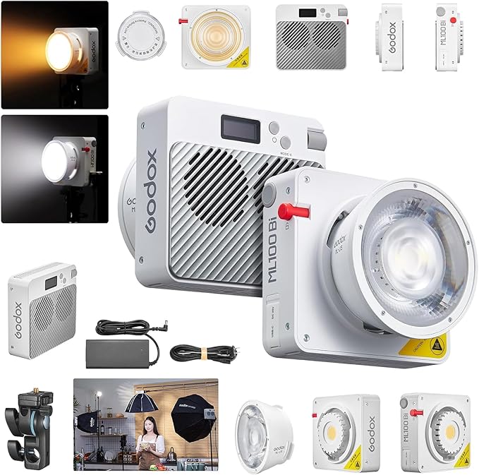 Godox ML100Bi Bi-Color LED Video Light, godox Mount COB LED Video Light 34300 Lux CRI 97+/TLCI 98+ 2800K-6500K 11 FX Effects for Filming Live Streaming Studio Photography
