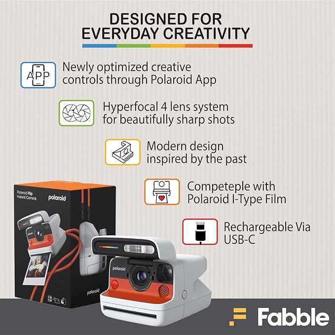 Polaroid Flip Instant Camera White Bundle with Color i-Type Film (8 Photos), Hard Protective Case, 6ft USB Type-C Cable, and Grey Microfiber Cleaning Cloth