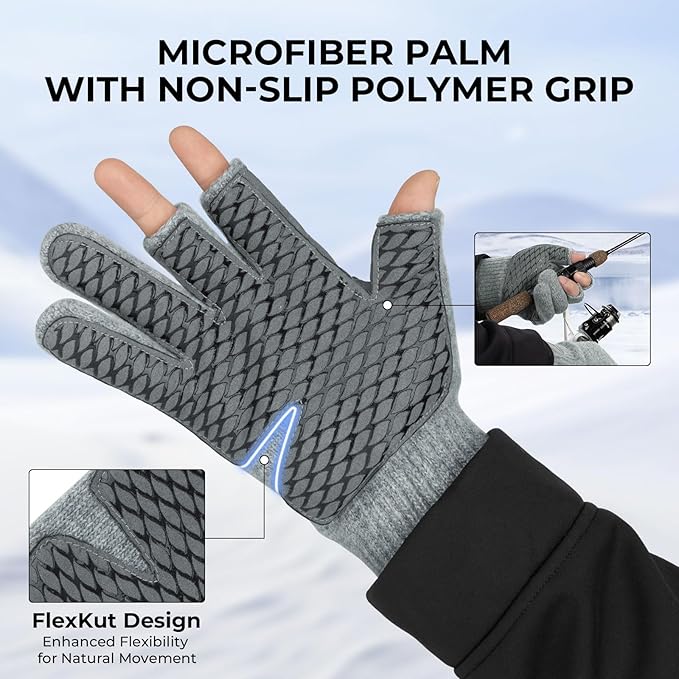 KastKing Bully Wooly 3-Cut Fingerless Wool Fishing Gloves, Cold Weather Warm Winter Gloves for Men & Women, Ice Fishing