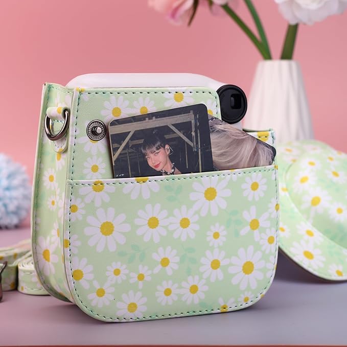 Frankmate Protective Case Fit for Fujifilm Instax Mini 12 11 9 8 Camera, PU Leather Camera Bag with Pocket and Adjustable Shoulder Strap (Green Daisy)