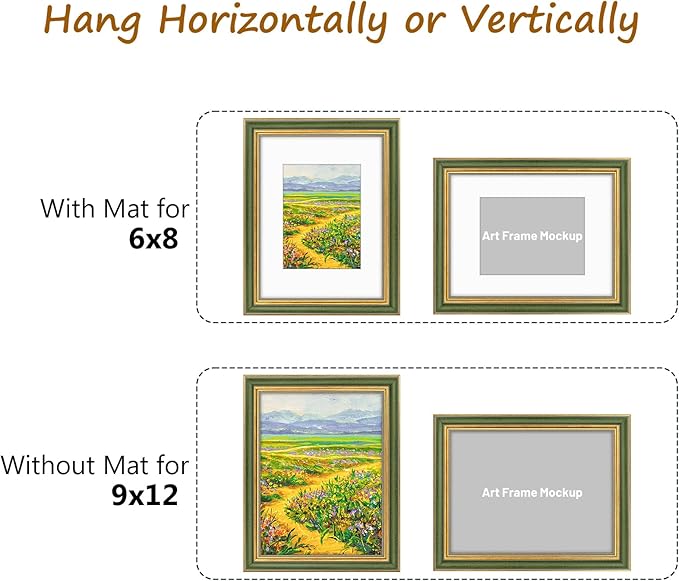 Golden State Art,9x12 Ornate Picture Frame for 6x8 Photo with Mat or 9 x 12 Prints without Mat, Real Glass Wall Display Horizontally or Vertically (Color:Green Gold)