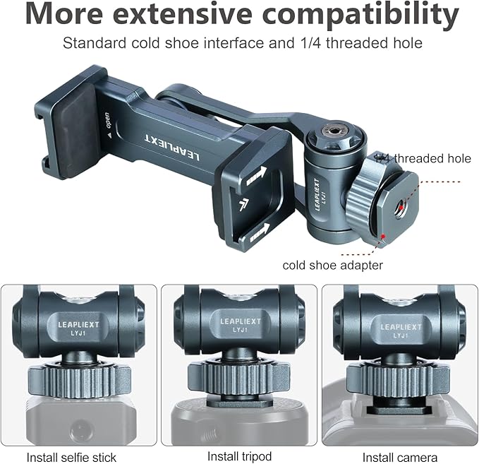 Metal Phone Camera Tripod Holder, 360° Rotatable & 180° Vertical Adjustment, Cold Shoe and 1/4" Thread Port, Compatible with iPhone17Pro Max 16 15 14 and Samsung Phones, Selfie Stick & Camera Cage。