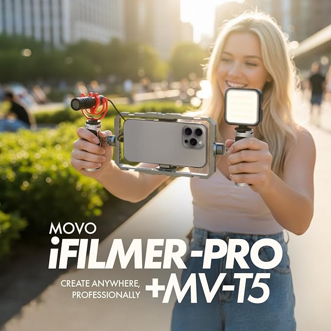 Movo iFilmer-PRO Smartphone Video Rig Kit – Stabilizer Cage with Dual Grips, VXR10 Shotgun Microphone, LED Light, & Tripod for iPhone/Android