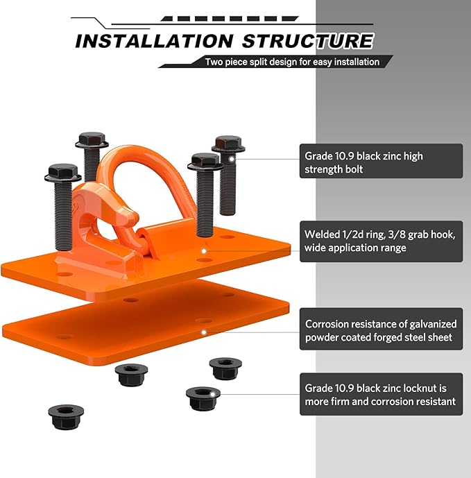2 Pack Tractor Bucket Hooks with Tie Down Ring, Grade 70 Forged Steel Bolt On Grab Hook Tow Hook Mount with Backer Plate, Work Well for Tractor Bucket, RV, UTV, Truck, Max 15,000 lbs Orange