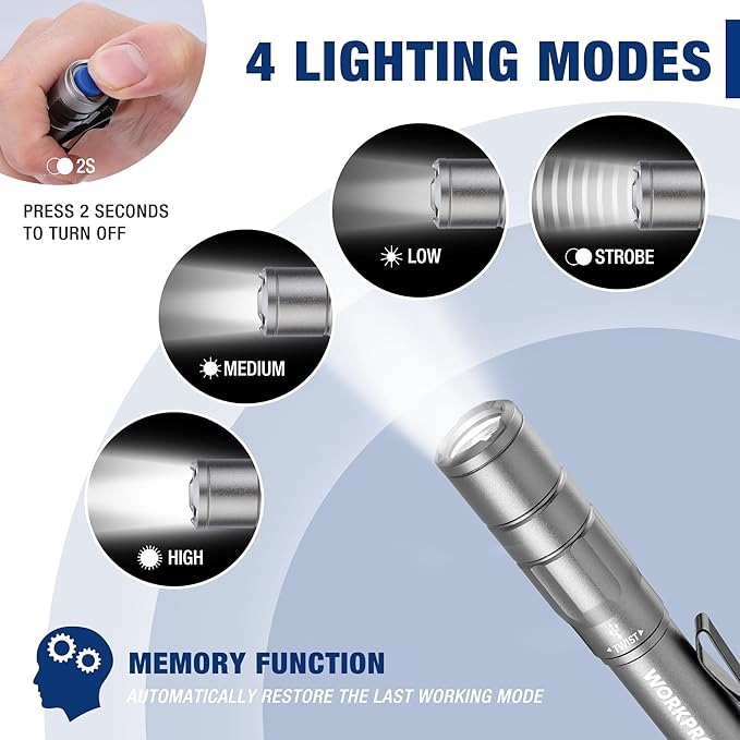 WORKPRO Rechargeable Pen Light, Mini Flashlight, 2 Pack Ultra-Compact EDC Flashlight, Pocket Flashlight with Clip, Memory Function and 2 x USB C Cable Included, Gray