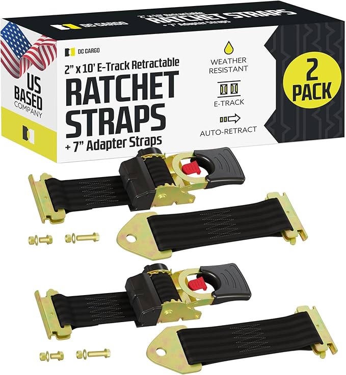 DC Cargo Mall E Track Retractable Ratchet Straps - E-Track and Bolt-On Mounting Options (2 Pack) 2" x 10' - 4,000 lbs Break Strength Heavy Duty Auto Self Retracting Tie Down Straps
