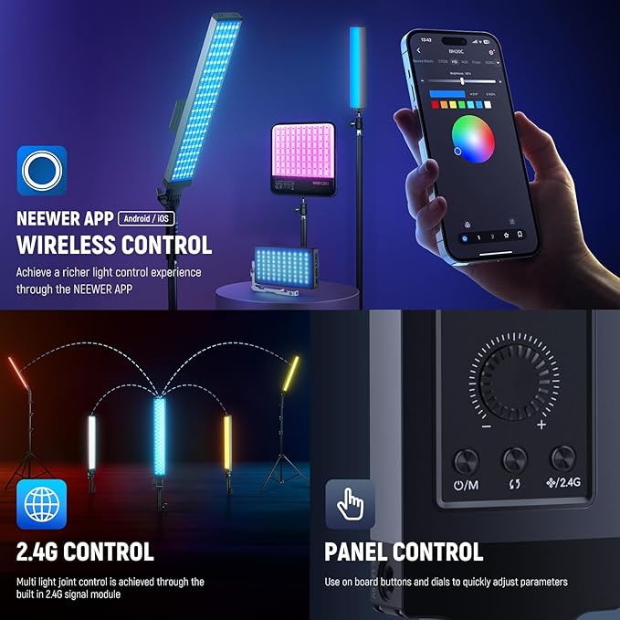 NEEWER Photography RGB Light Stick Kit, 2 Pack LED Video Tube Lights w/Stands, Diffusers, 3250Lux Dimmable Light Wand 2500-10000K CRI95+/TLCI97+ APP/2.4G/Panel Control for Live/Videos/Vlog, BH20C
