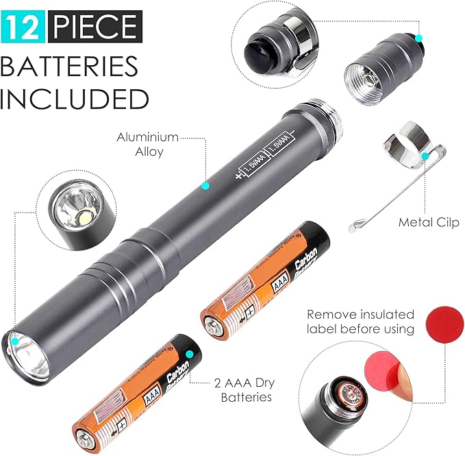 FASTPRO 6-Pack Pen Light, Aluminum LED Penlights with Batteries Included, Pocket Pen Flashlight with Clip for Inspections, Repairs, Camping and Emergencies, Grey